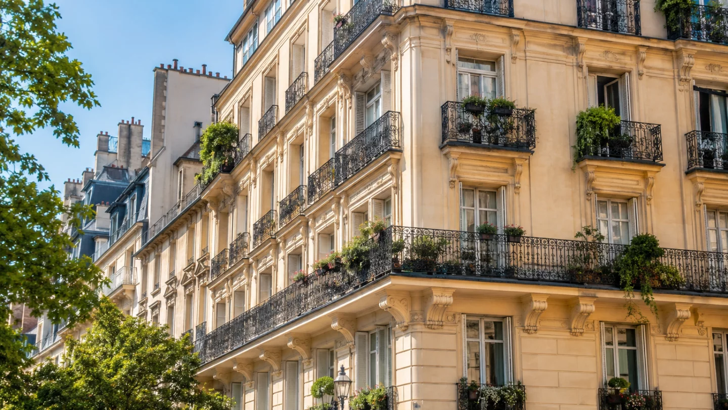 Image générée : Bâtiment parisien ensoleillé et fleuri