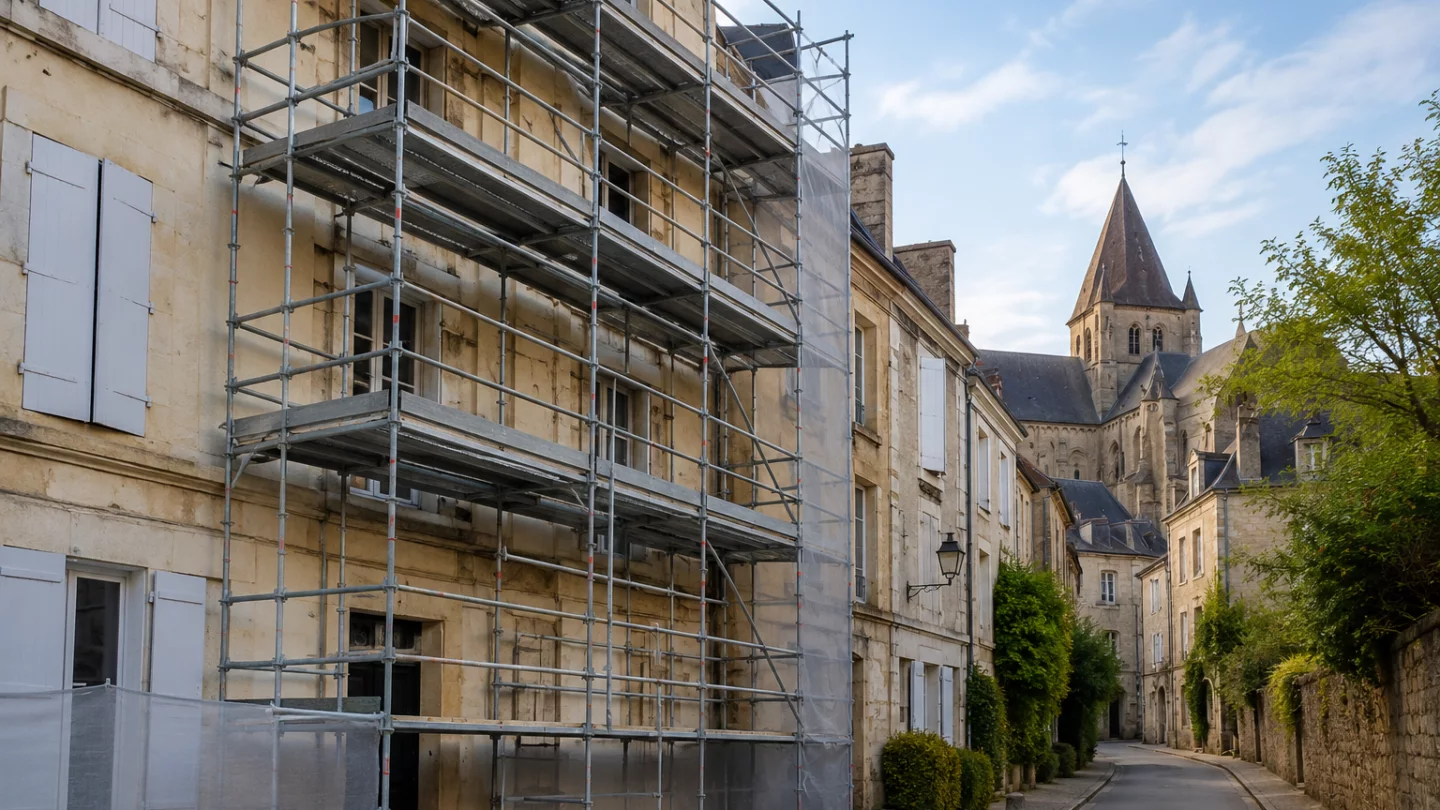Image générée : Rue tranquille sous rénovation historique