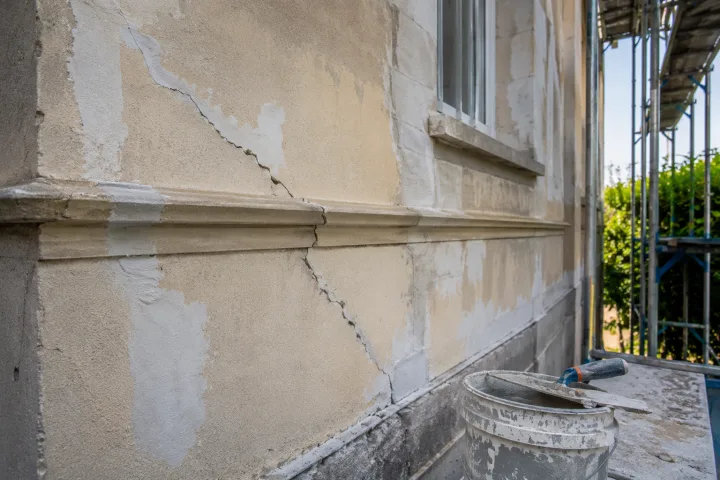 Image générée : Réparations en cours sur façade en stuc