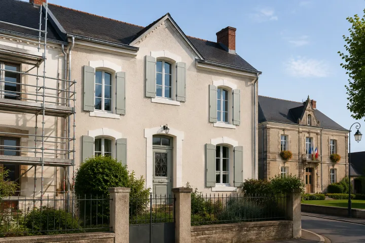 Image générée : Maison classique et bâtiment municipal rénové