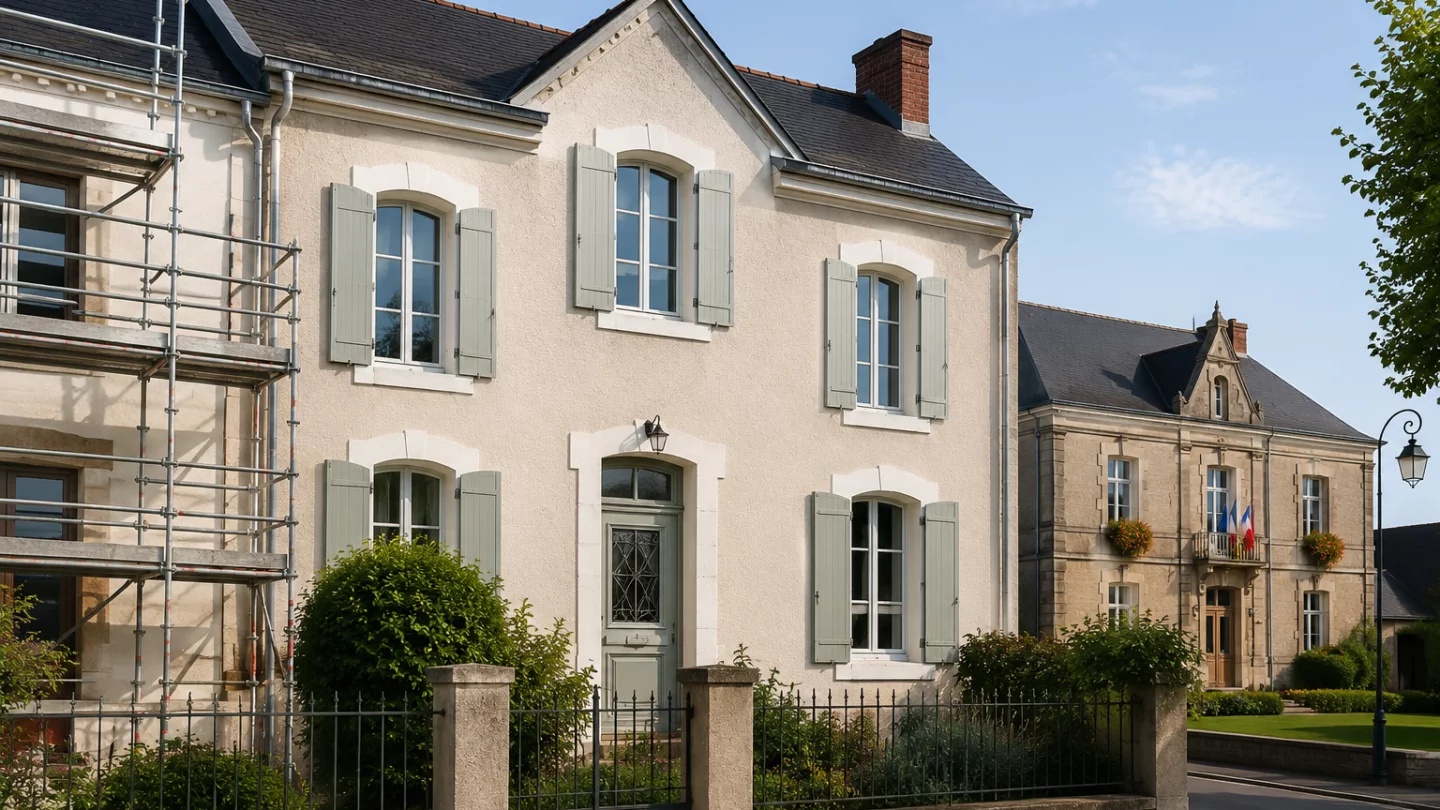 Image générée : Maison classique et bâtiment municipal rénové