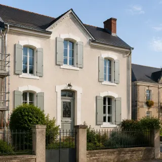 Image générée : Maison classique et bâtiment municipal rénové