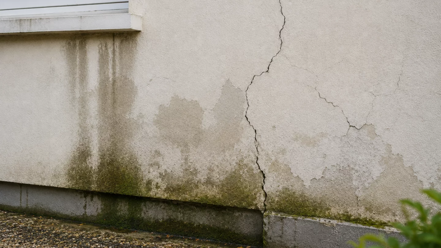 Image générée : Façade endommagée et traces d'humidité