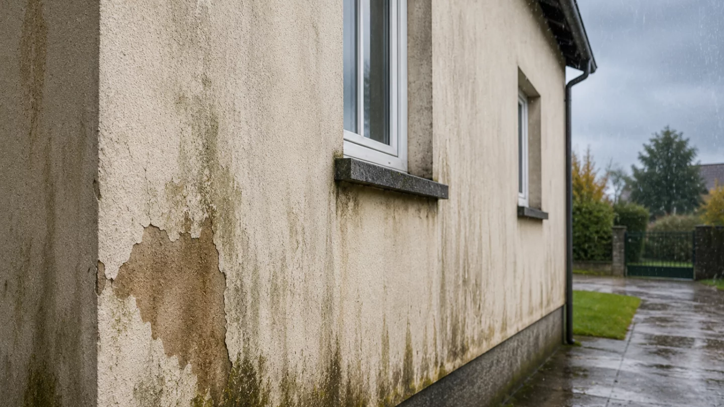 Image générée : Mur muré et humide sous la pluie