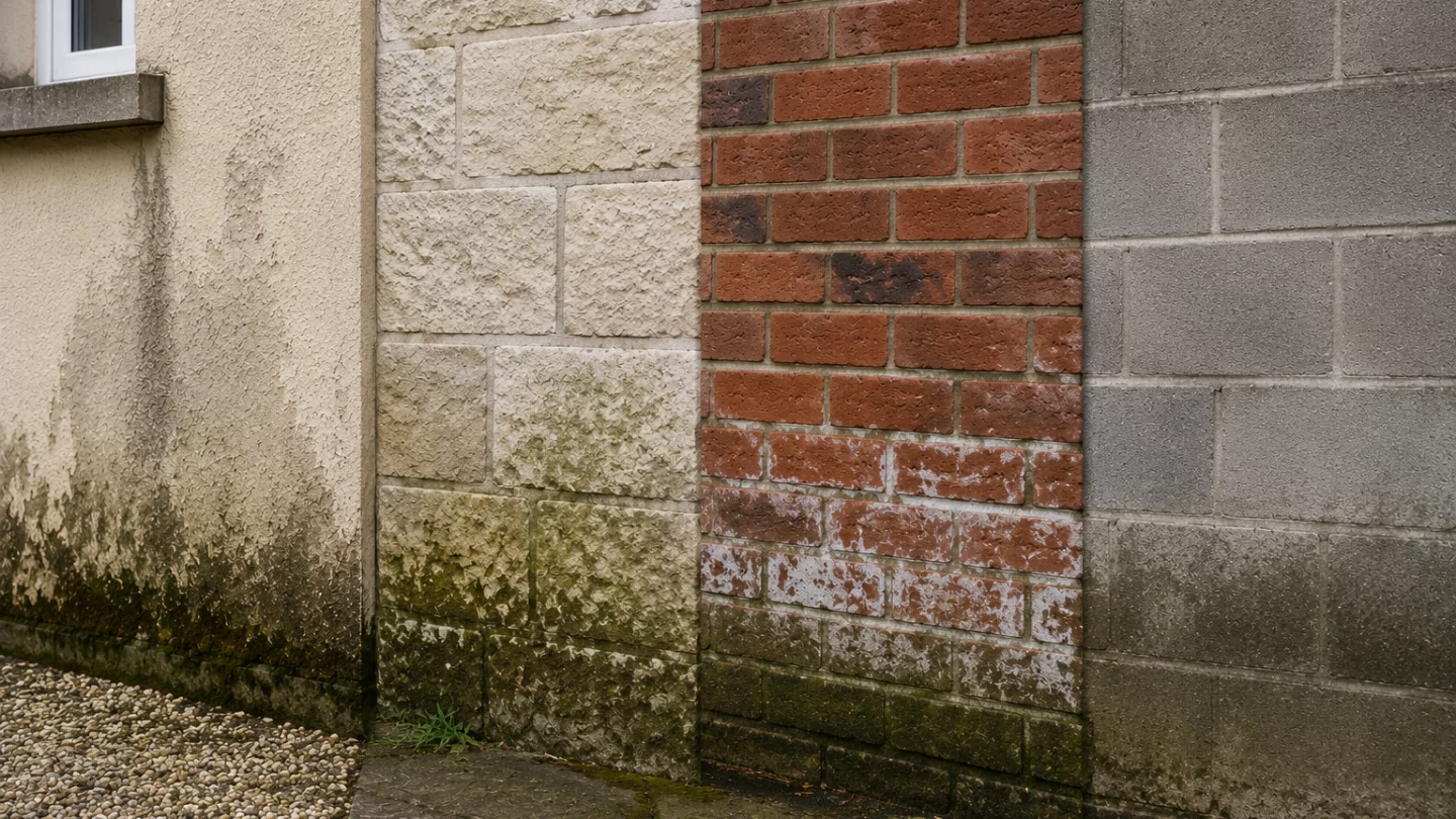 Image générée : Façades vieillissantes et contrastées en extérieur