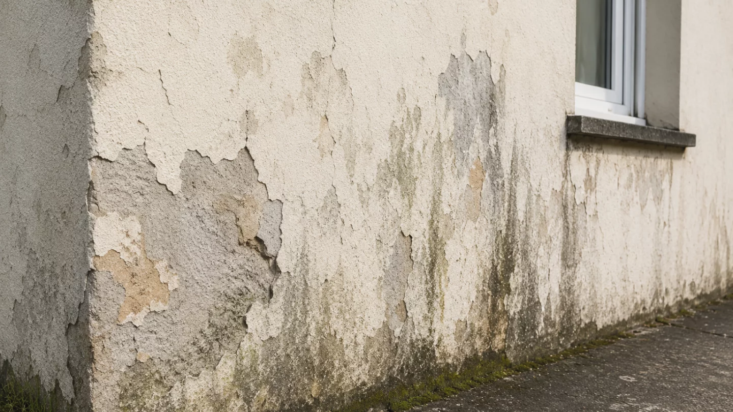 Image générée : Mur endommagé et moisissures apparentes