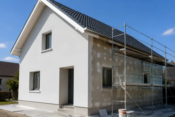 Image générée : Maison en rénovation sous ciel clair