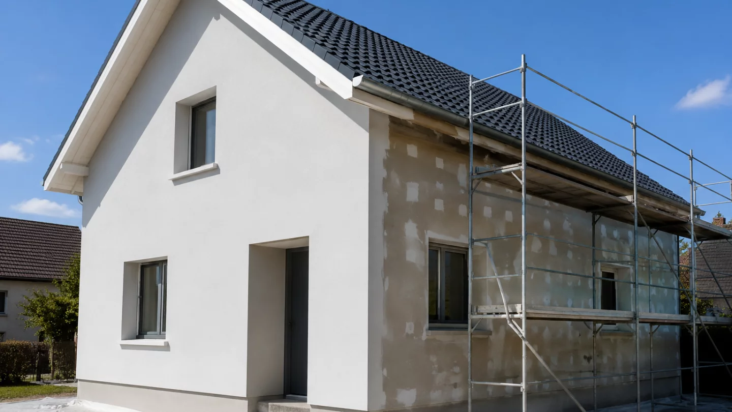 Image générée : Maison en rénovation sous ciel clair