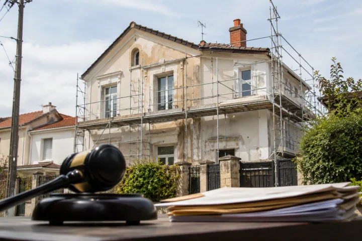 Image générée : Scène de rénovation avec éléments juridiques