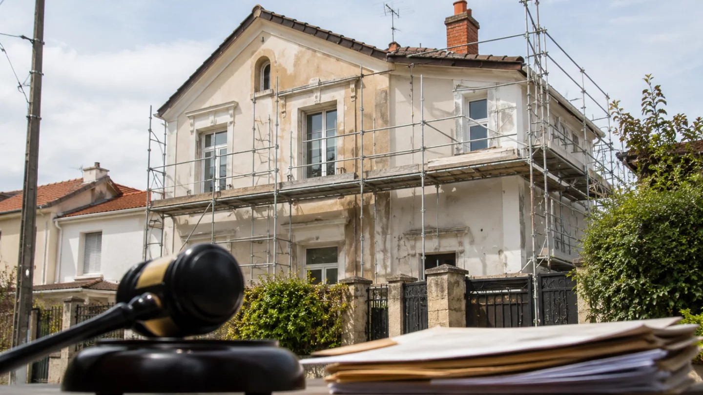 Image générée : Scène de rénovation avec éléments juridiques