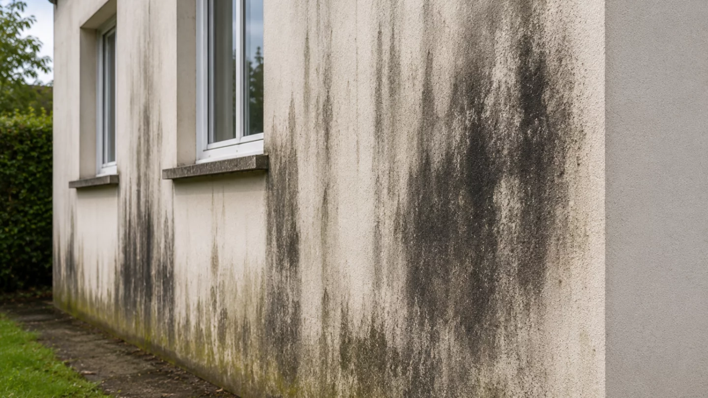 Image générée : Mur extérieur avec taches de moisissure
